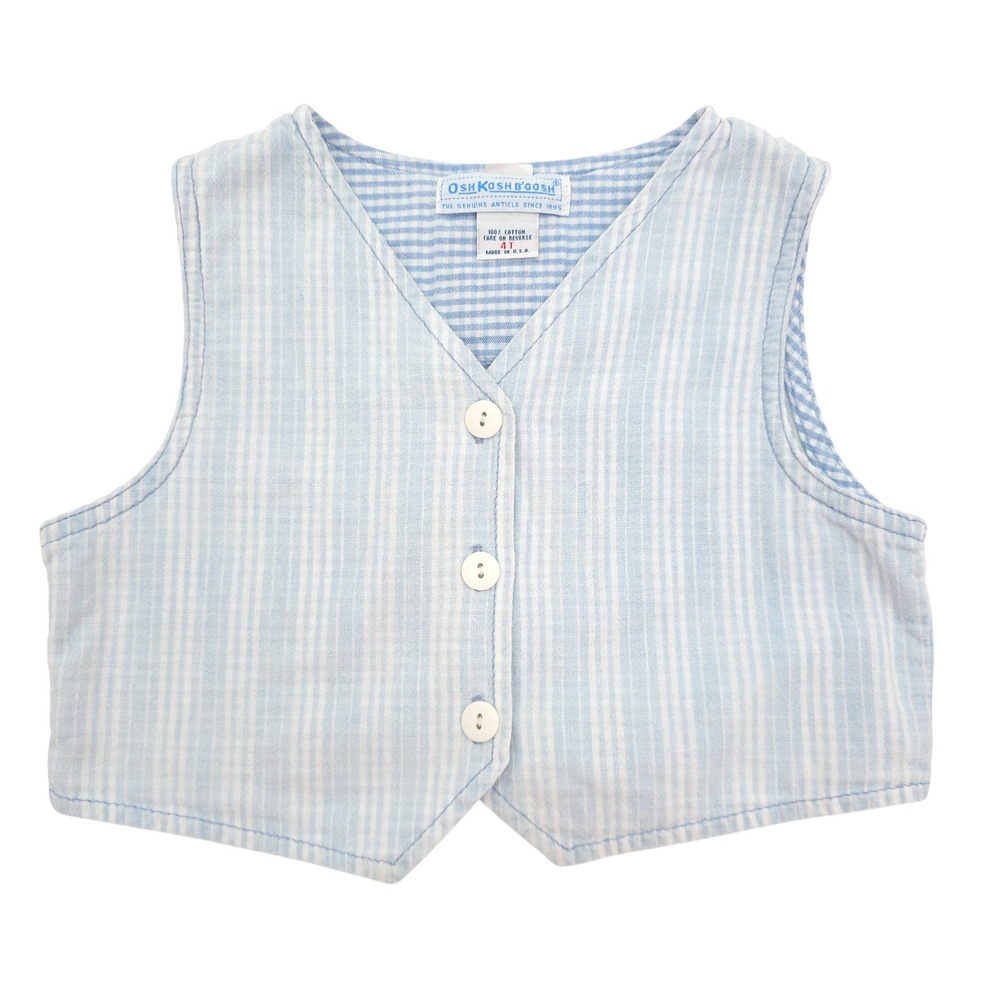 VTG 80s 90s OshKosh Bgosh Seersucker Vest Blue White Stripe Kids 4T Made in USA